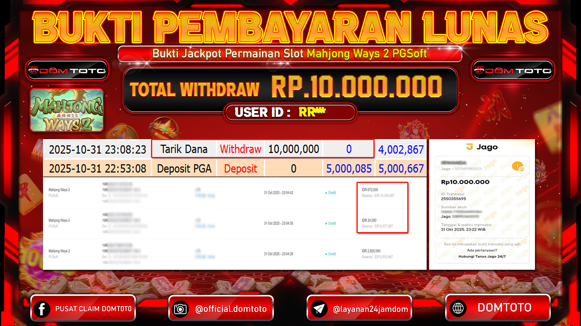 JACKPOT SLOT Mahjong Ways 2 PGSoft 31 OKTOBER 2025